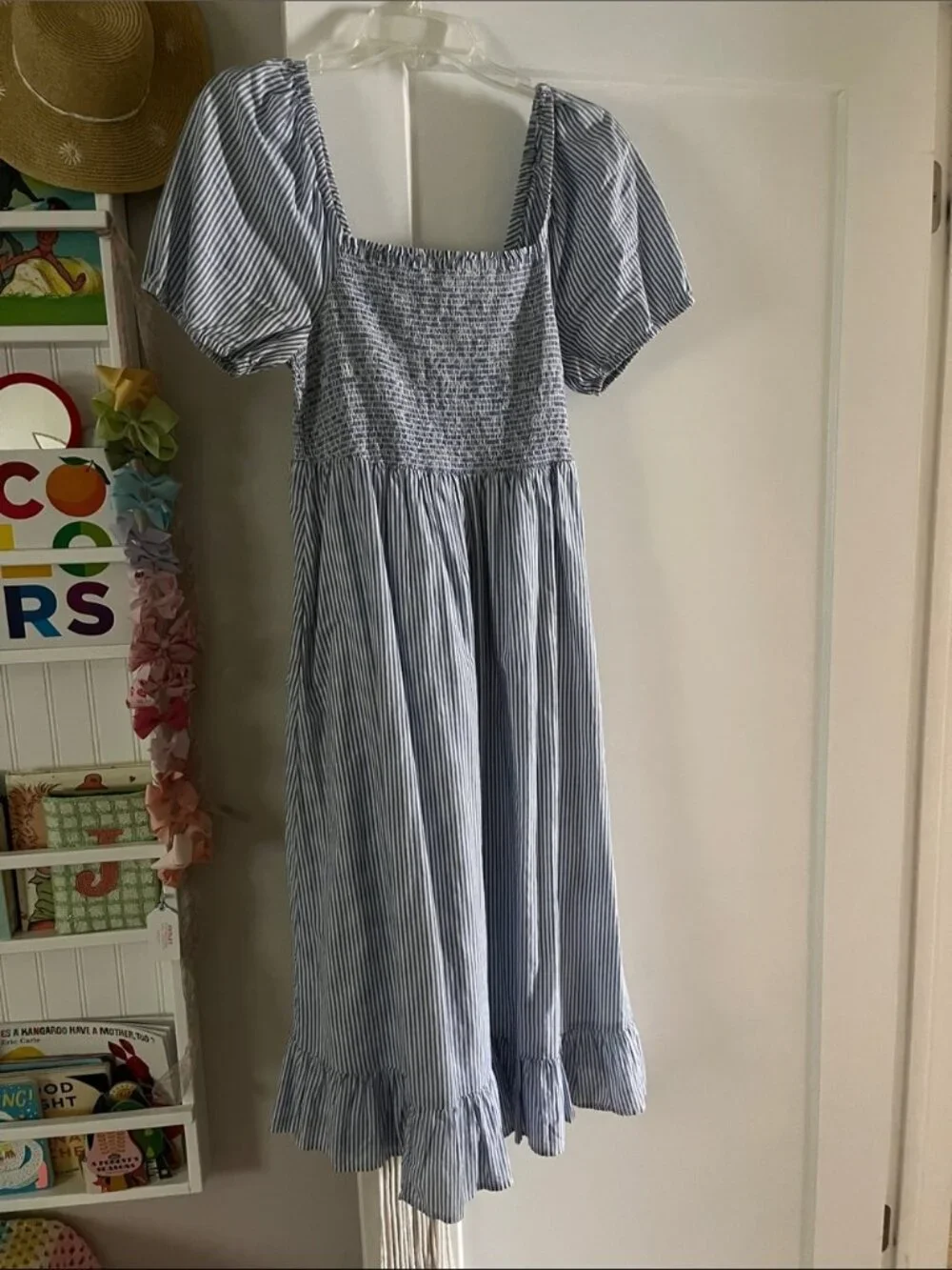 J. Crew Blue Striped Smocked Puff Sleeves Milkmaid Midi Dress Size Small